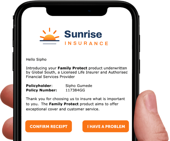 The datafree link opens a branded Sunrise Insurance page on the customer's phone — their policy, reformatted for their device